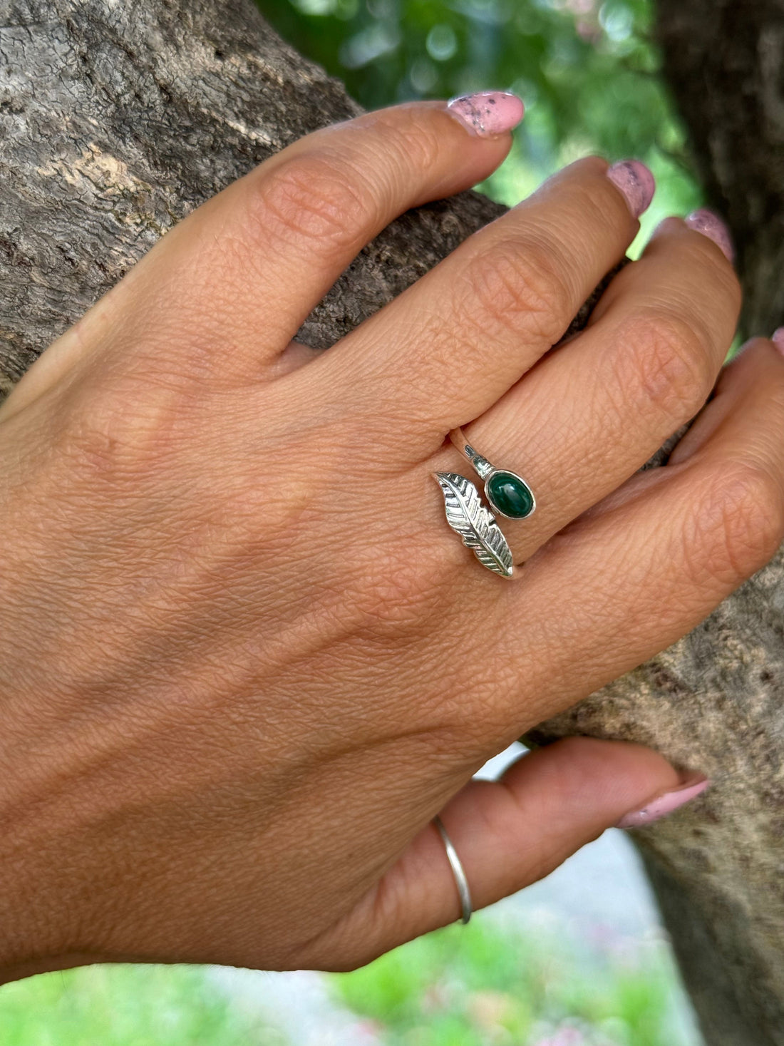 Bague ajustable pour femme en argent avec feuille et pierre Malachite