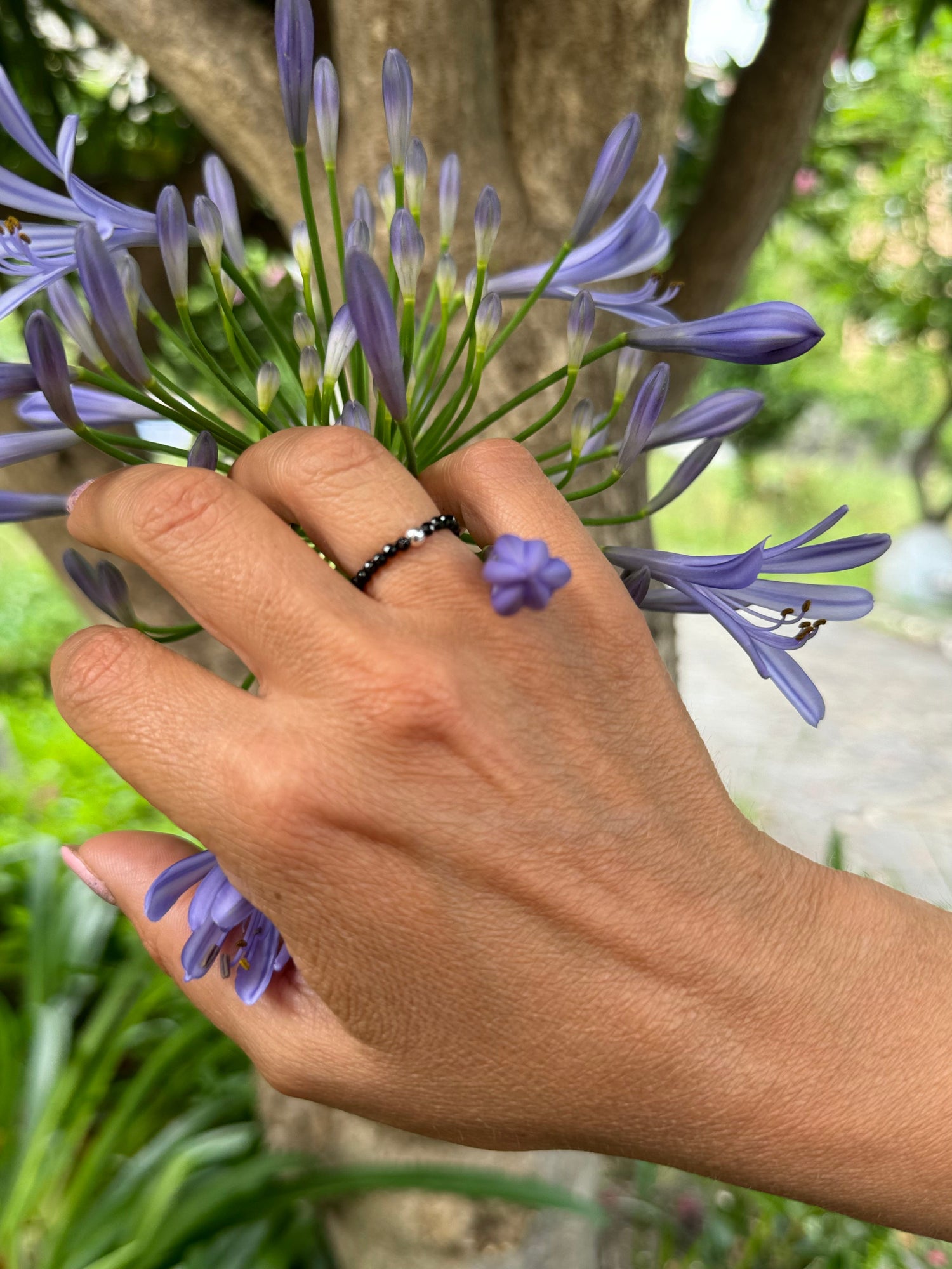 Elastic Ring Natural Black Onyx and Silver