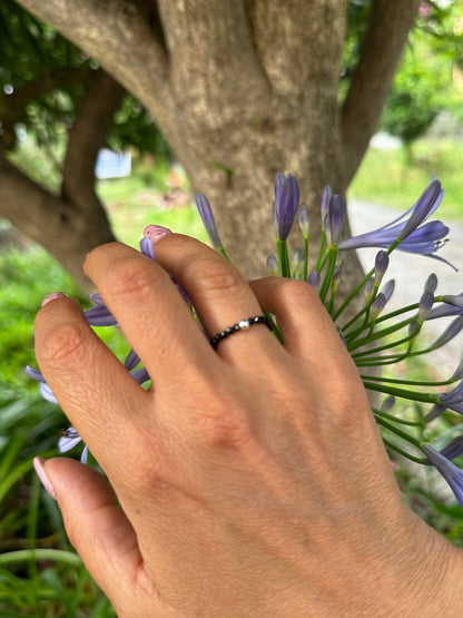 Elastic Ring Natural Black Onyx and Silver