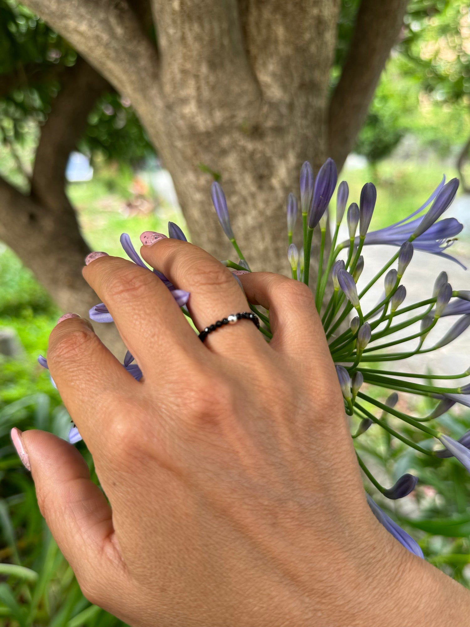 Elastic Ring Natural Black Onyx and Silver