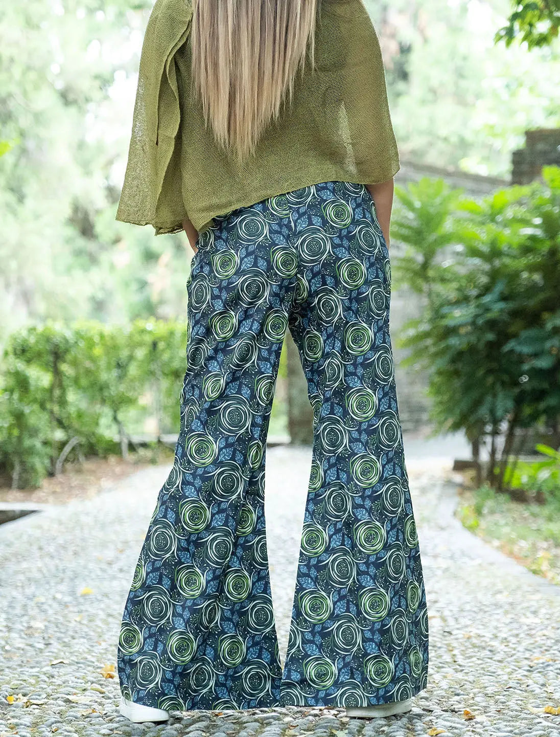 Pantalone donna anni 70 Sangita - Fiore spirale verde militare Namastemood