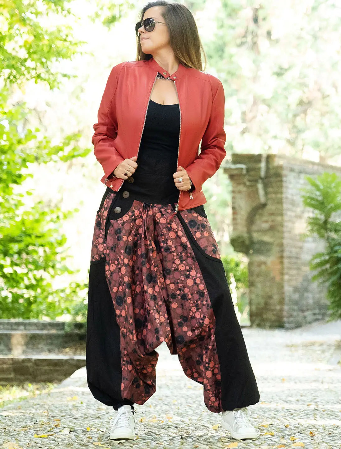 Pantalone donna lungo aladino Maya Panda rosso Namastemood