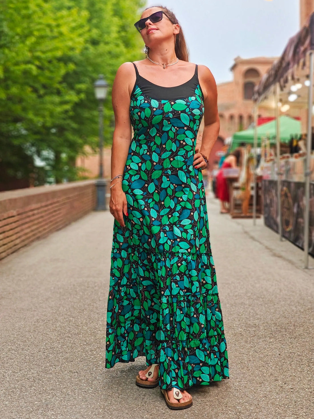 Vestito donna lungo Ganga a balze - Foglie mix verdi Namastemood